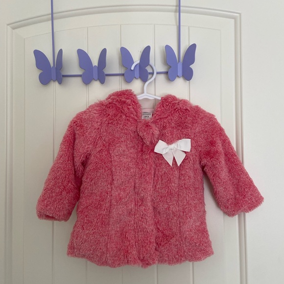 NWOT | Little Lass girl’s pink fuzzy button‎ front bow jacket 12 months - Picture 1 of 7